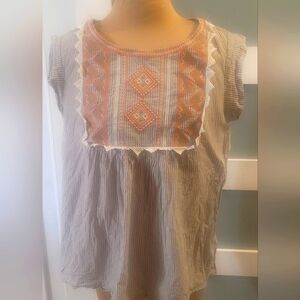 THML Anthropologie Top Womens Medium Gray Orange Blue Boho Festival Hippie M LS
